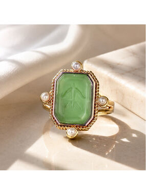 Museum Floral Intaglio Ring Sz 7 Pearl Gold Cameo Flower Geometric Boho VTG Art